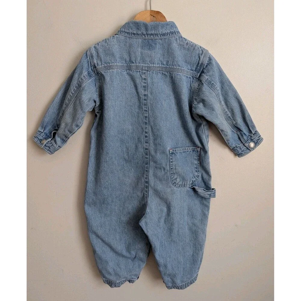 Vtg BABY GAP 90s Denim Utility Jumpsuit Coverall Romper Pocket Snap 18 24 Mo Y2K
